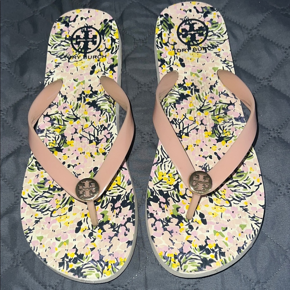 Tory Burch Blush Pink Strap Floral-Print Flip Flops